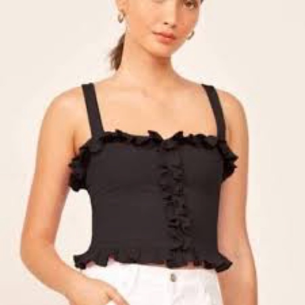 Reformation Trixie Crop Top Black Ruffle Smocked Square Neck Medium NWT